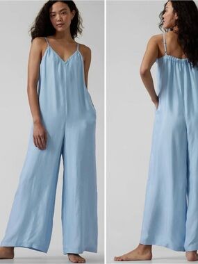 Athleta Calm Cool Romper Light Blue Satin